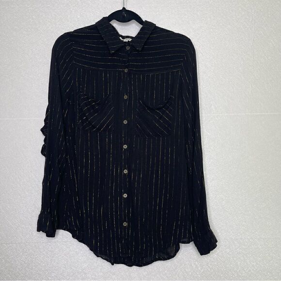 Umgee Black and Gold Ruffled Metallic Long Sleeve Top M - Picture 1 of 4
